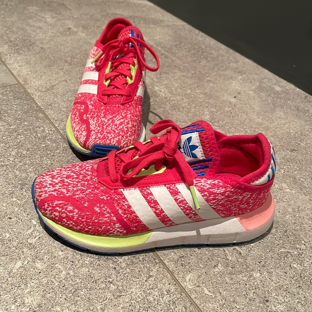 Adidas kids sneakers - red, white, blue and neon yellow